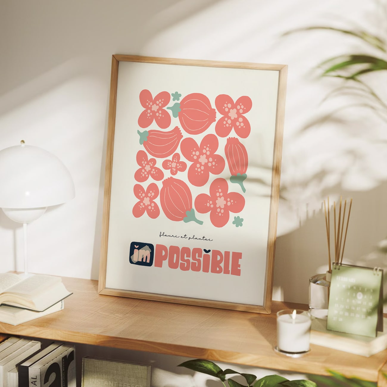I'm Possible Motivational Floral Wall Art Pink Flower Poster with Uplifting Quote Painting for Office, Bedroom, or Study