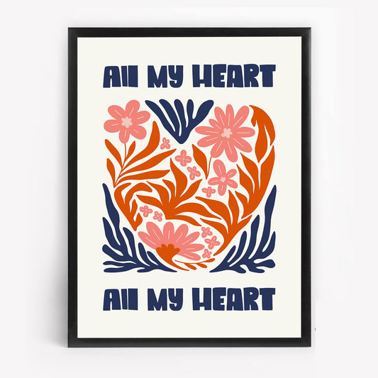Modern Boho Floral Wall Art, All My Heart with Pink Flower for Bedroom, Living Room or Gallery