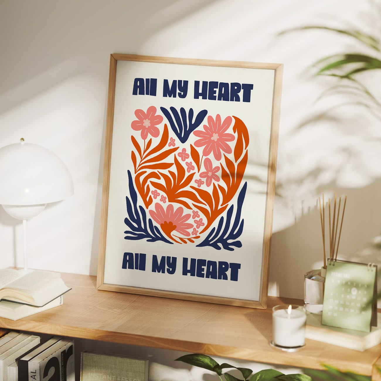 Modern Boho Floral Wall Art, All My Heart with Pink Flower for Bedroom, Living Room or Gallery
