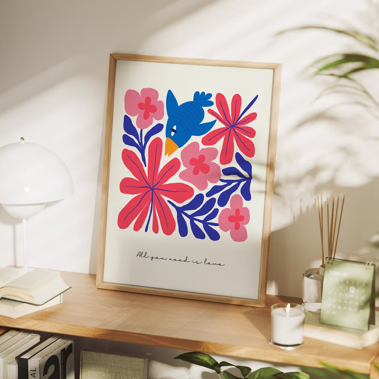 Love Bird & Flower Wall Art | All You Need is Love | Quote Painting for Living Room, Office or Gift