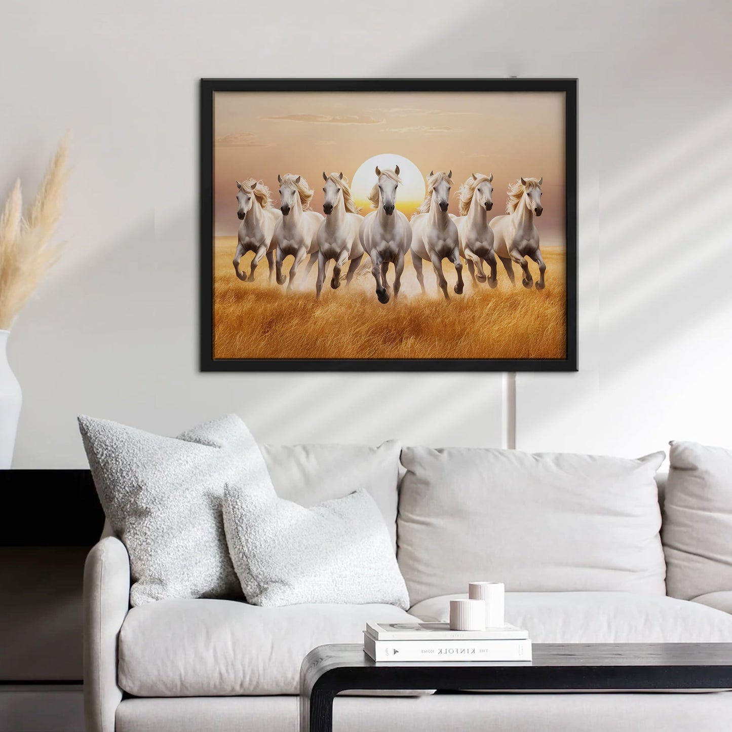 7 White Horses Vastu Wall Art | Running Horses Painting with Rising Sun for Home & Office Decor