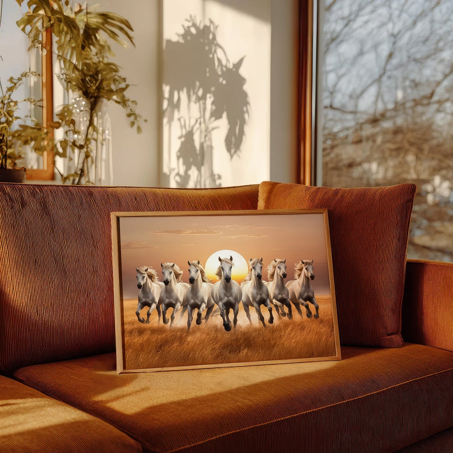 7 White Horses Vastu Wall Art | Running Horses Painting with Rising Sun for Home & Office Decor