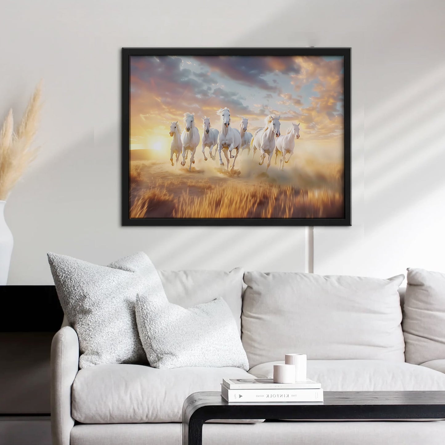 “7 Running Horses Vastu Wall Art | White Horse Painting with Sunrise for Home & Office Decor