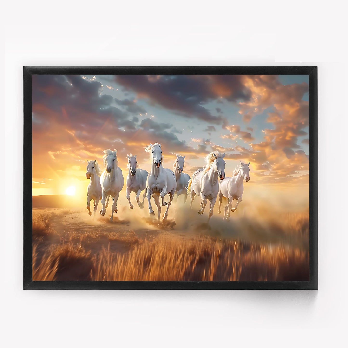 “7 Running Horses Vastu Wall Art | White Horse Painting with Sunrise for Home & Office Decor