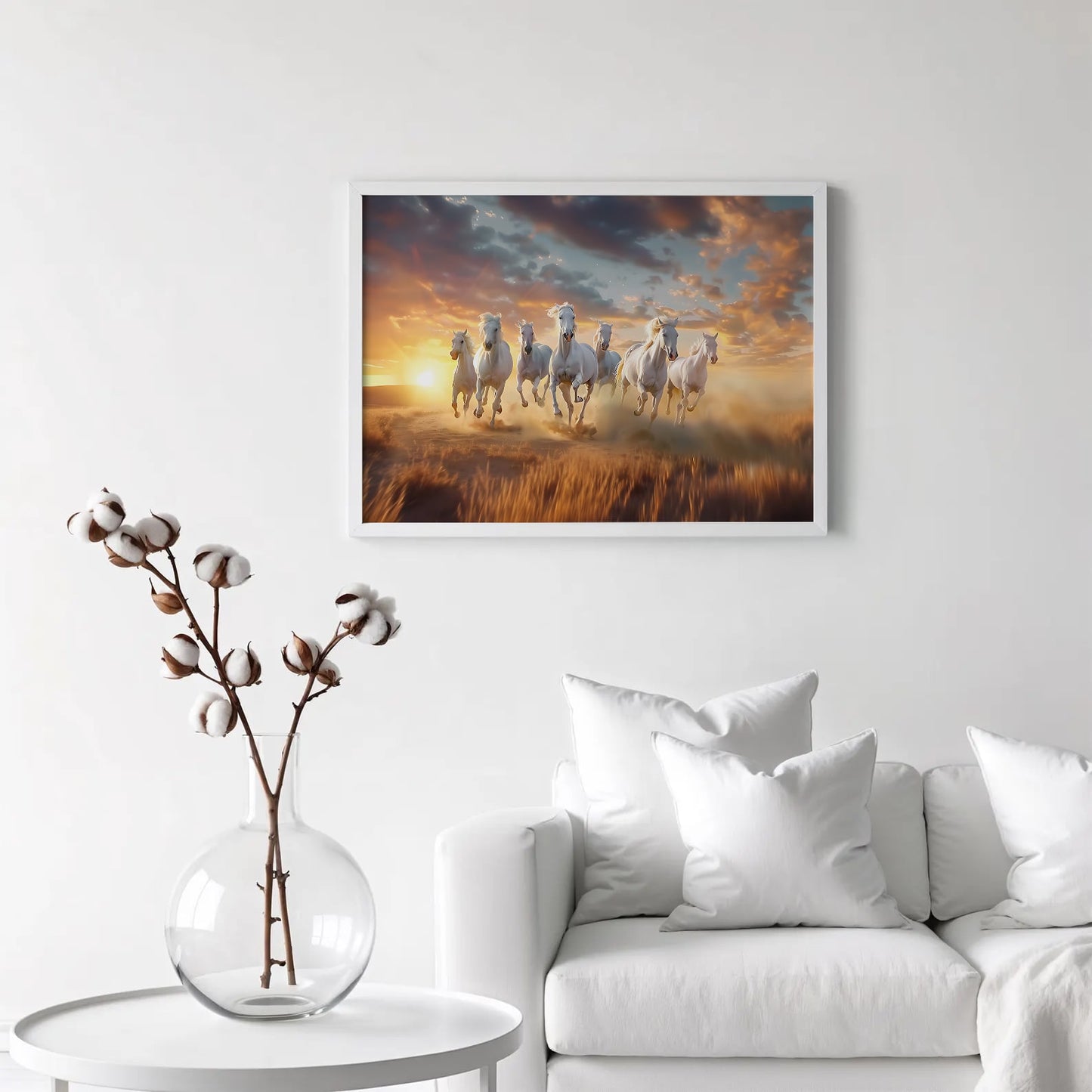 “7 Running Horses Vastu Wall Art | White Horse Painting with Sunrise for Home & Office Decor