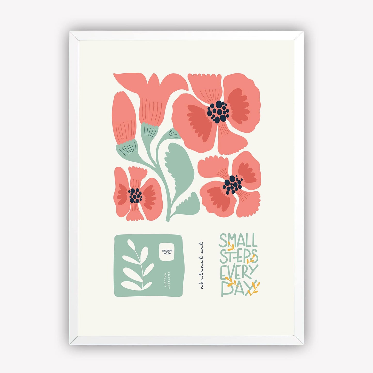 Positive Quote Floral Wall Art | Small Steps Every Day | Modern Flower for Bedroom, Living Room or Gallery