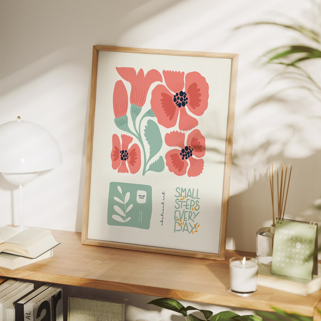 Positive Quote Floral Wall Art | Small Steps Every Day | Modern Flower for Bedroom, Living Room or Gallery