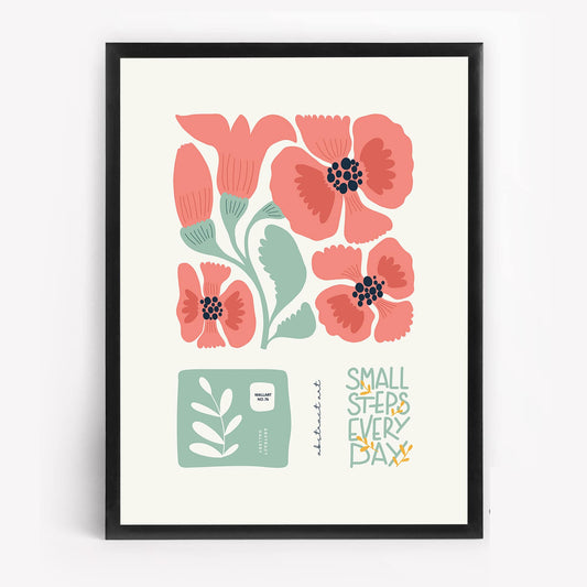 Positive Quote Floral Wall Art | Small Steps Every Day | Modern Flower for Bedroom, Living Room or Gallery