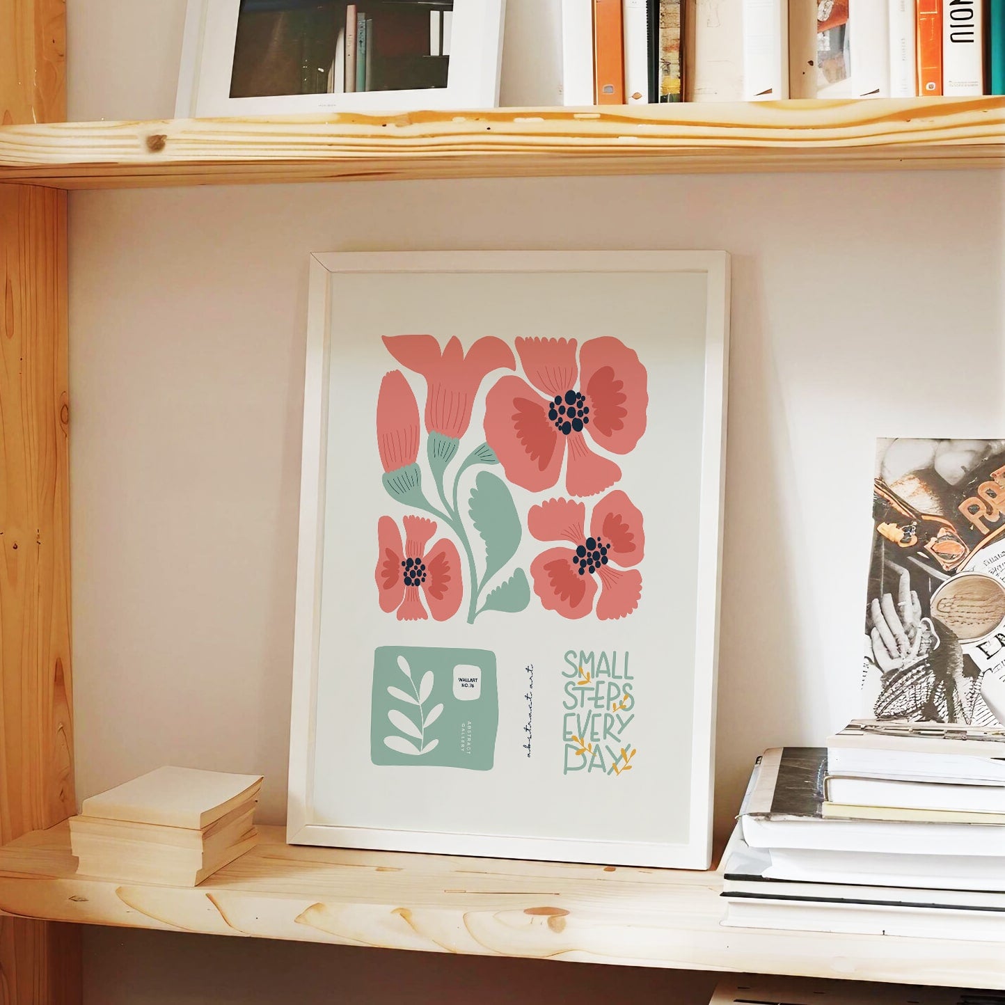 Positive Quote Floral Wall Art | Small Steps Every Day | Modern Flower for Bedroom, Living Room or Gallery