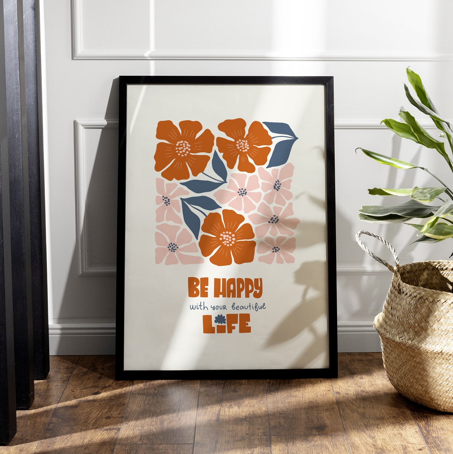 Be Happy Floral Wall Art, Positive Quote Painting for Bedroom, Living Room or Gallery