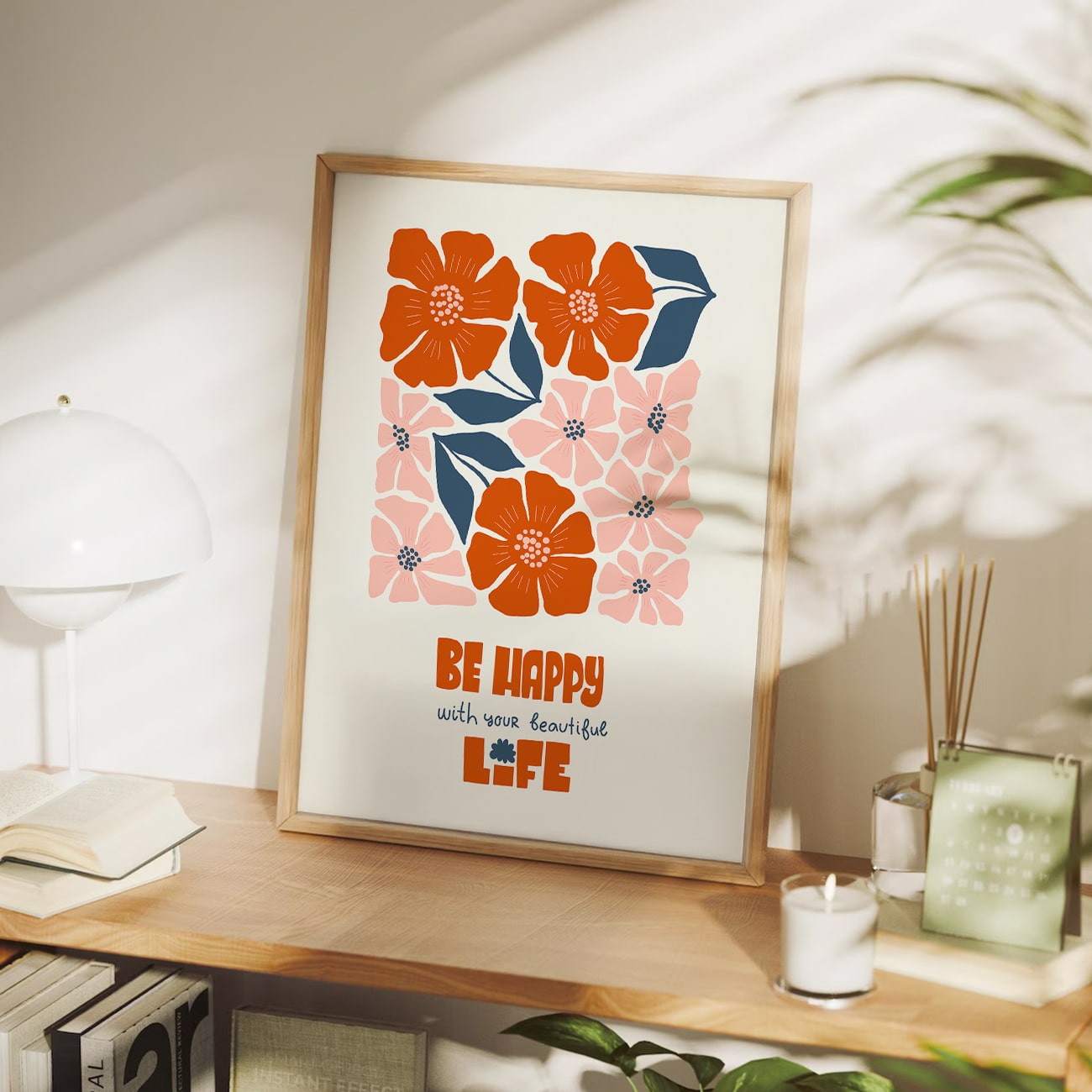 Be Happy Floral Wall Art, Positive Quote Painting for Bedroom, Living Room or Gallery