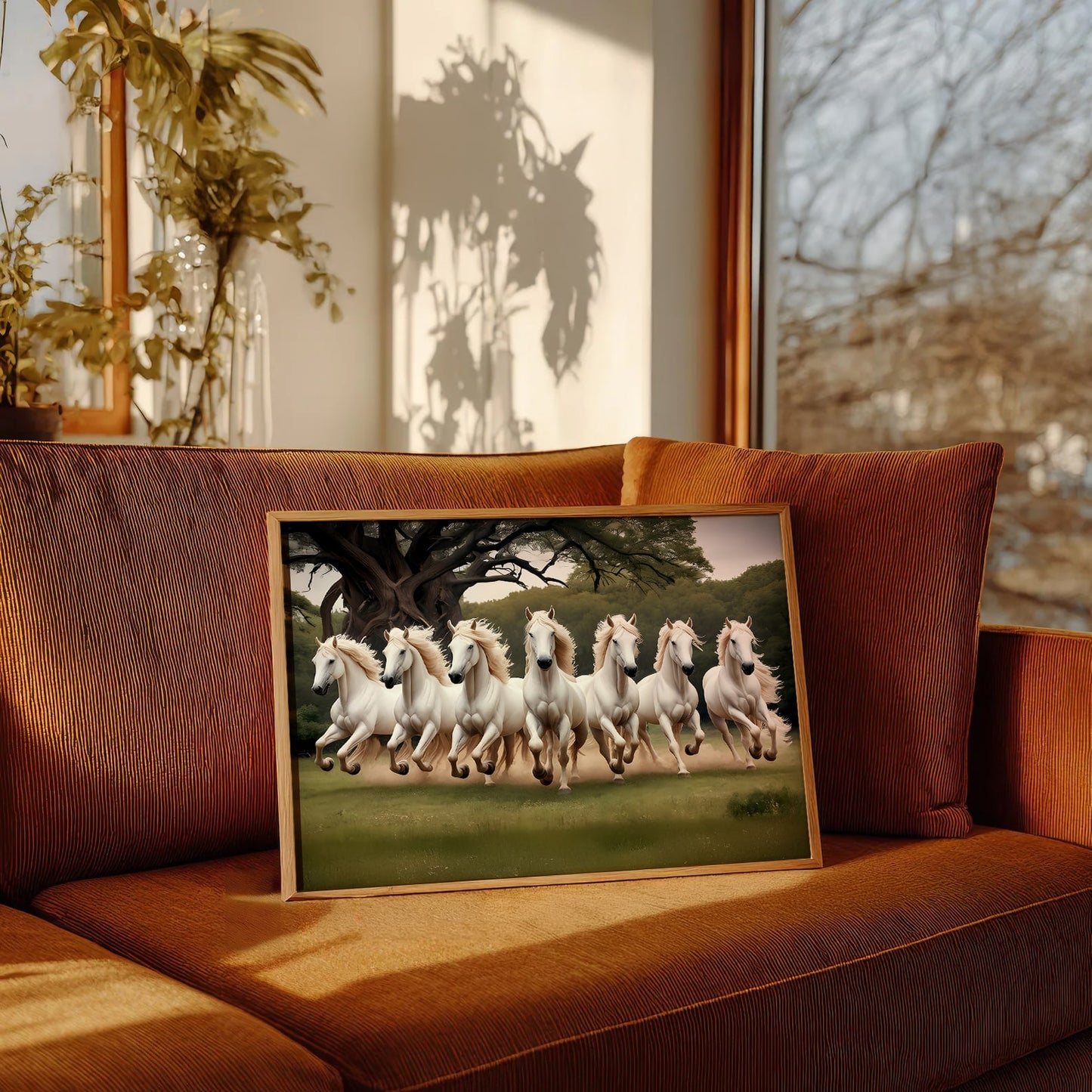 7 White Horses Running Vastu Wall Art Frame | Lucky Horse Painting for Home & Office Decor