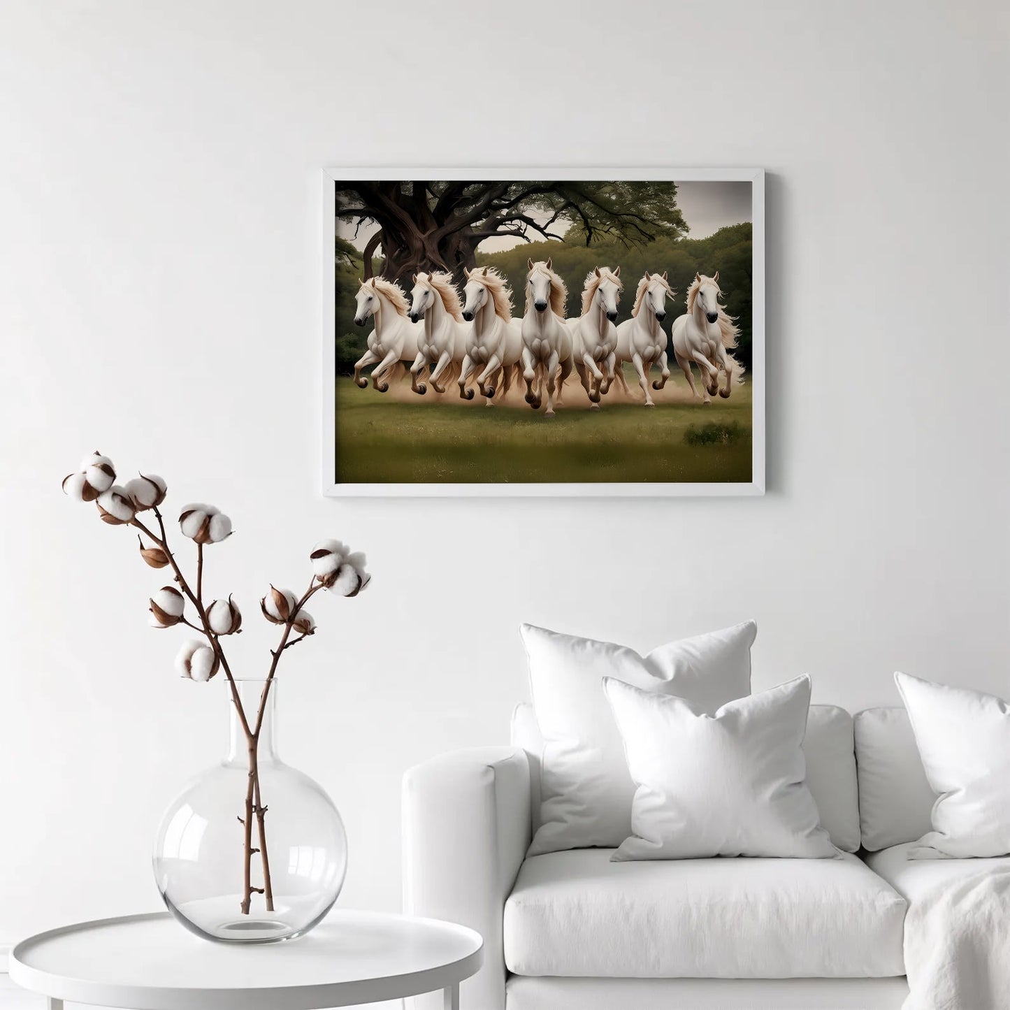 7 White Horses Running Vastu Wall Art Frame | Lucky Horse Painting for Home & Office Decor