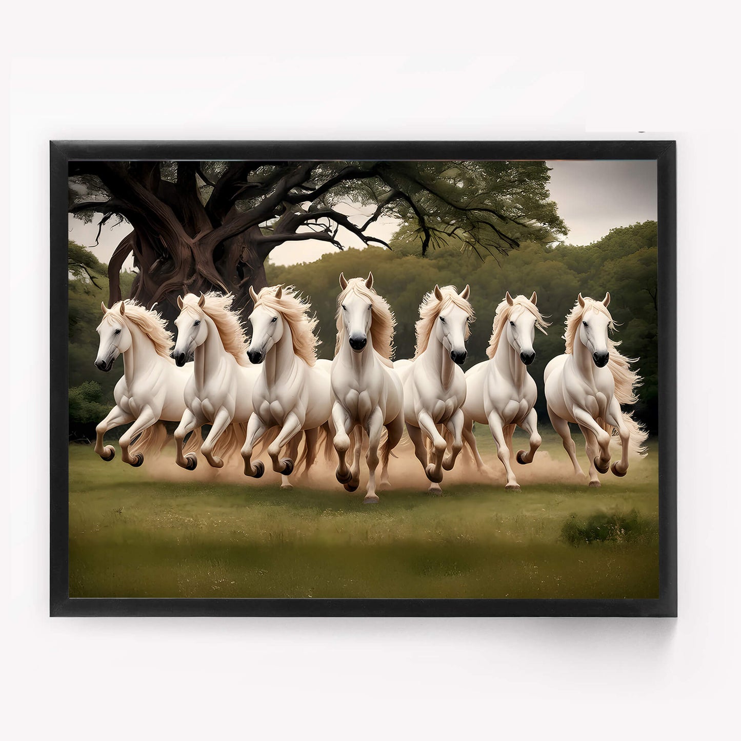 7 White Horses Running Vastu Wall Art Frame | Lucky Horse Painting for Home & Office Decor