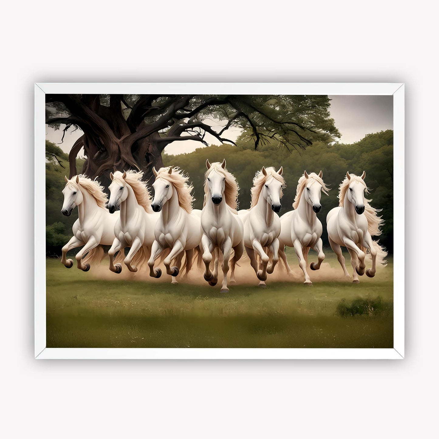 7 White Horses Running Vastu Wall Art Frame | Lucky Horse Painting for Home & Office Decor