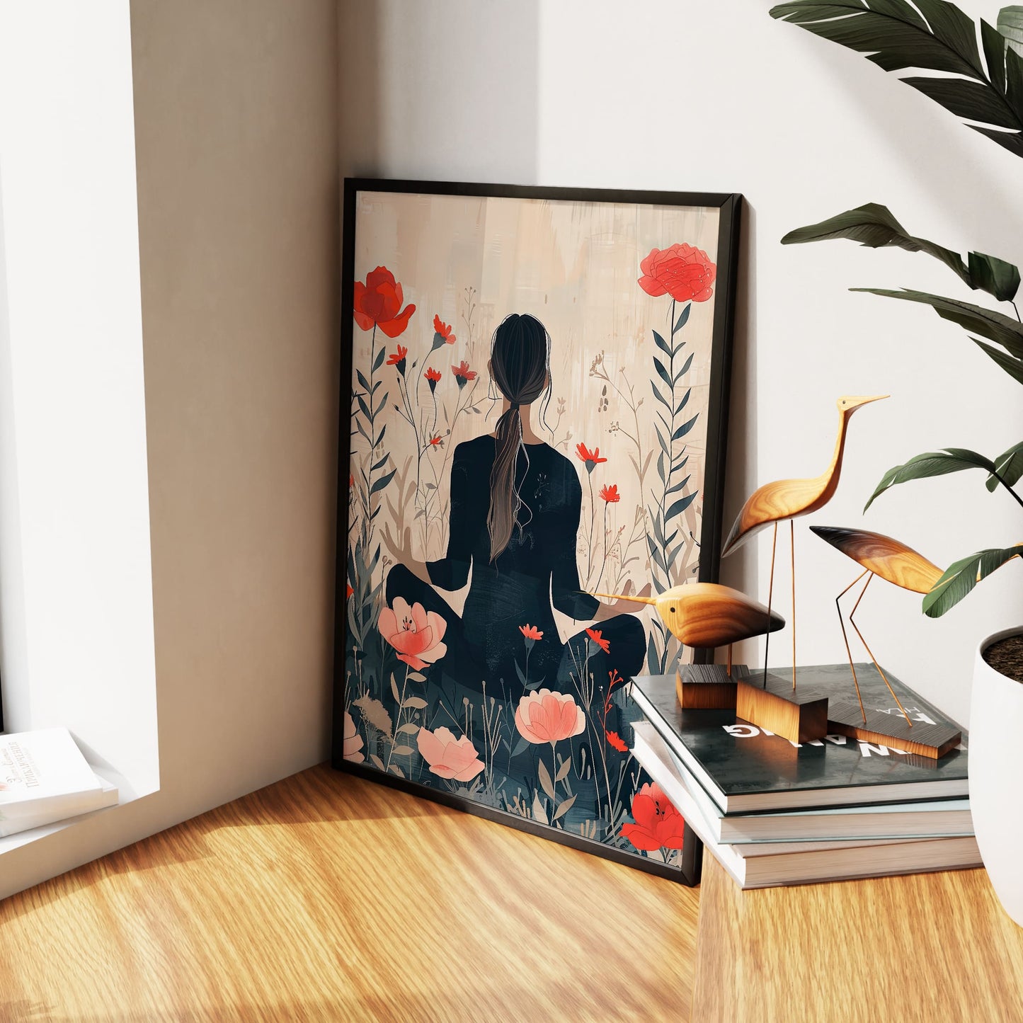 Digital Style Yoga With Flower Background Wall Art