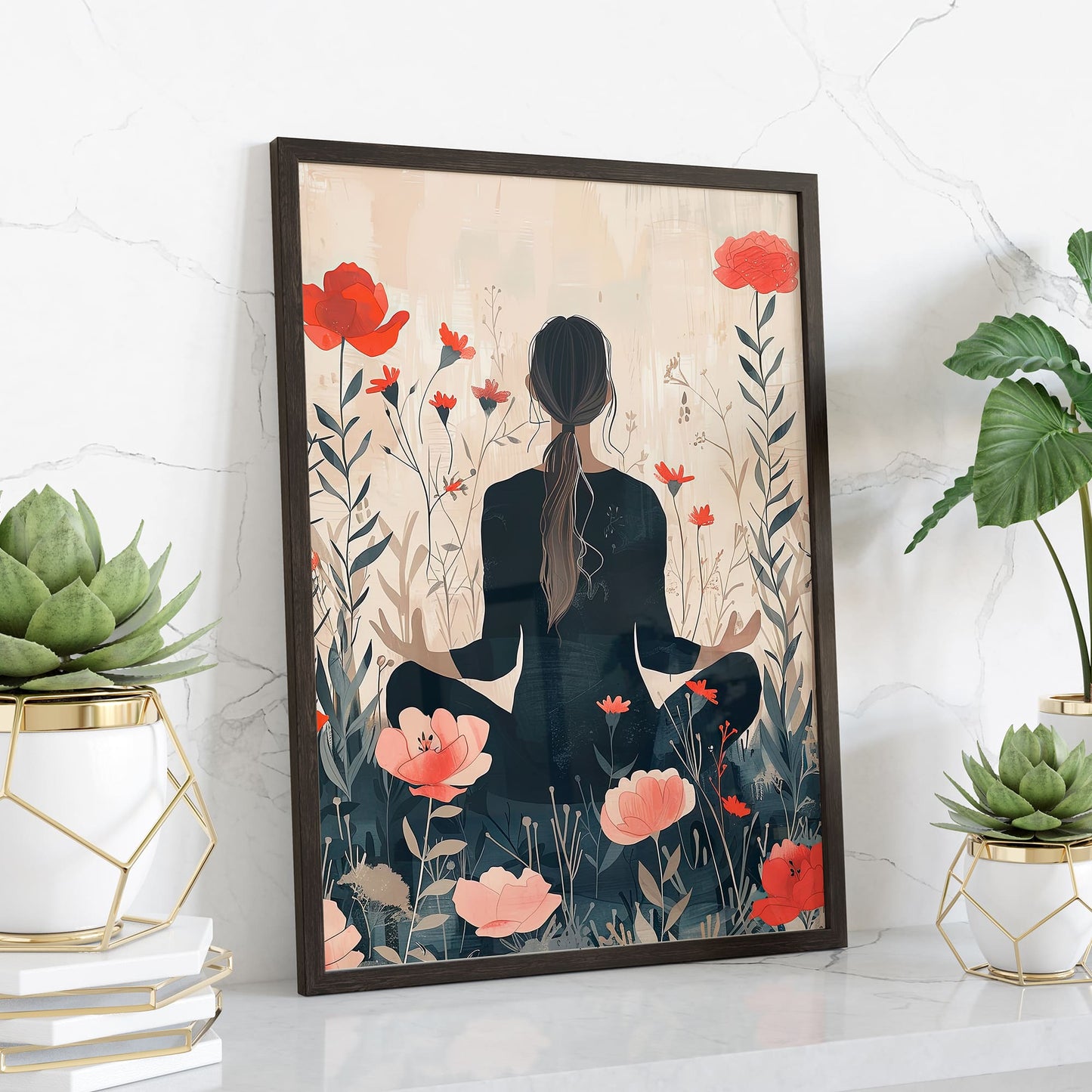 Digital Style Yoga With Flower Background Wall Art