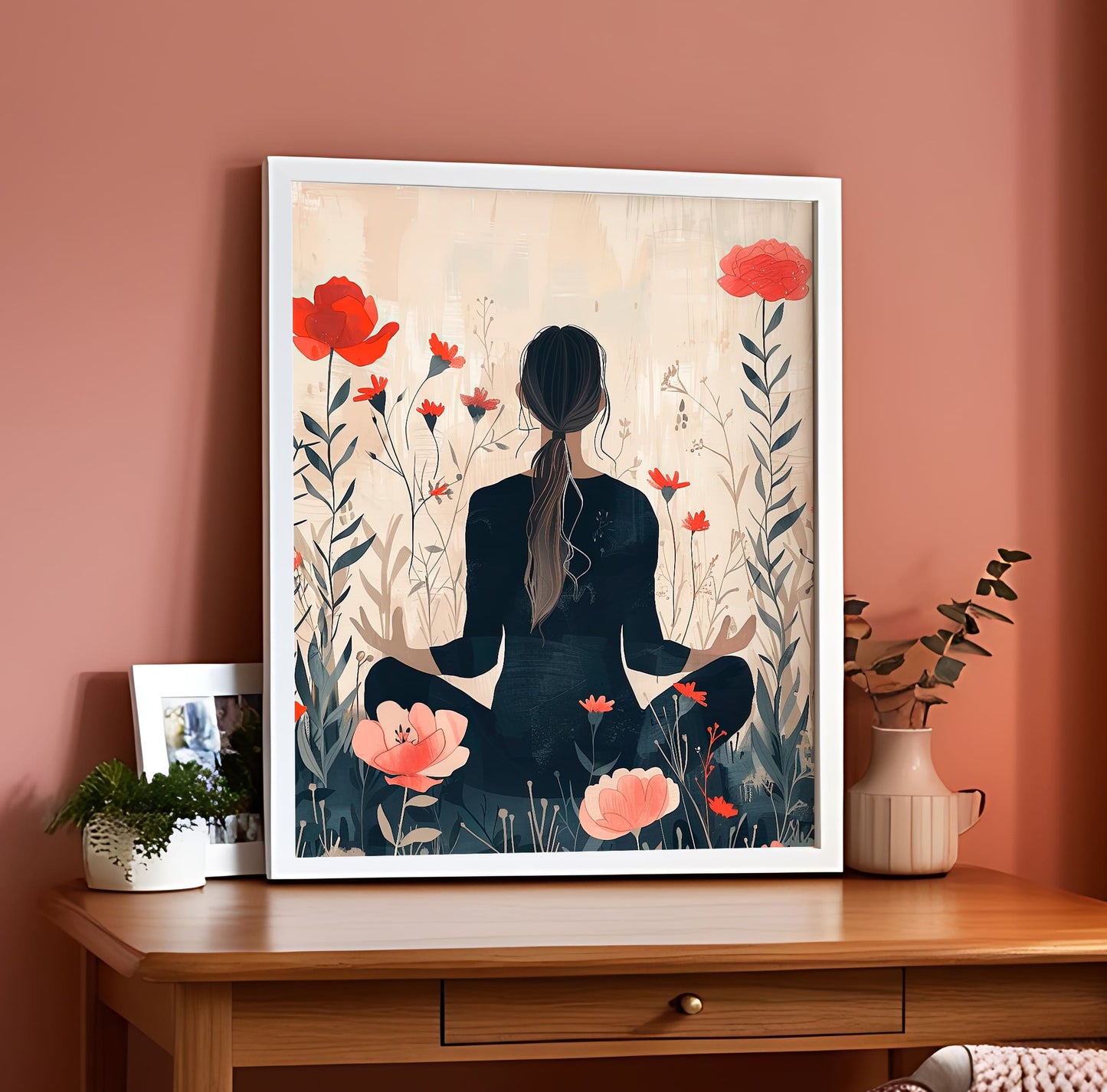 Digital Style Yoga With Flower Background Wall Art