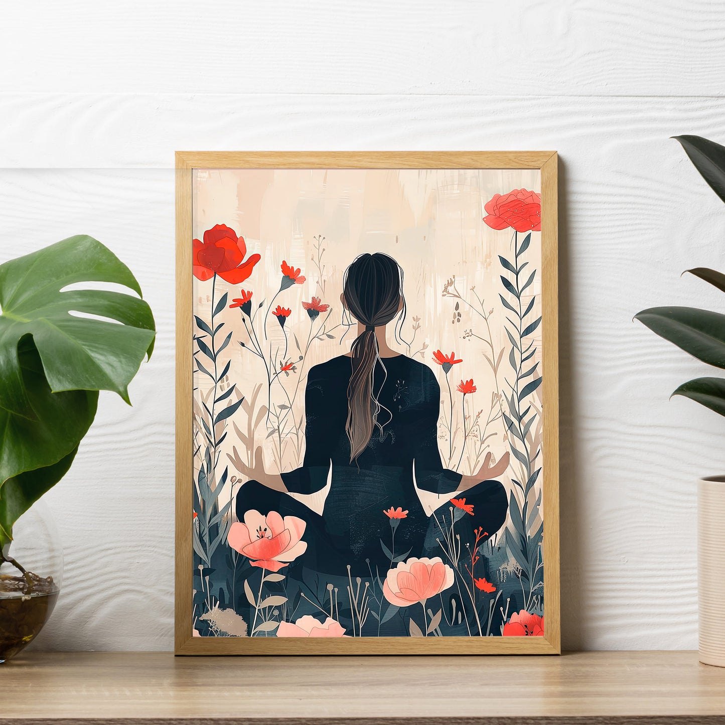 Digital Style Yoga With Flower Background Wall Art