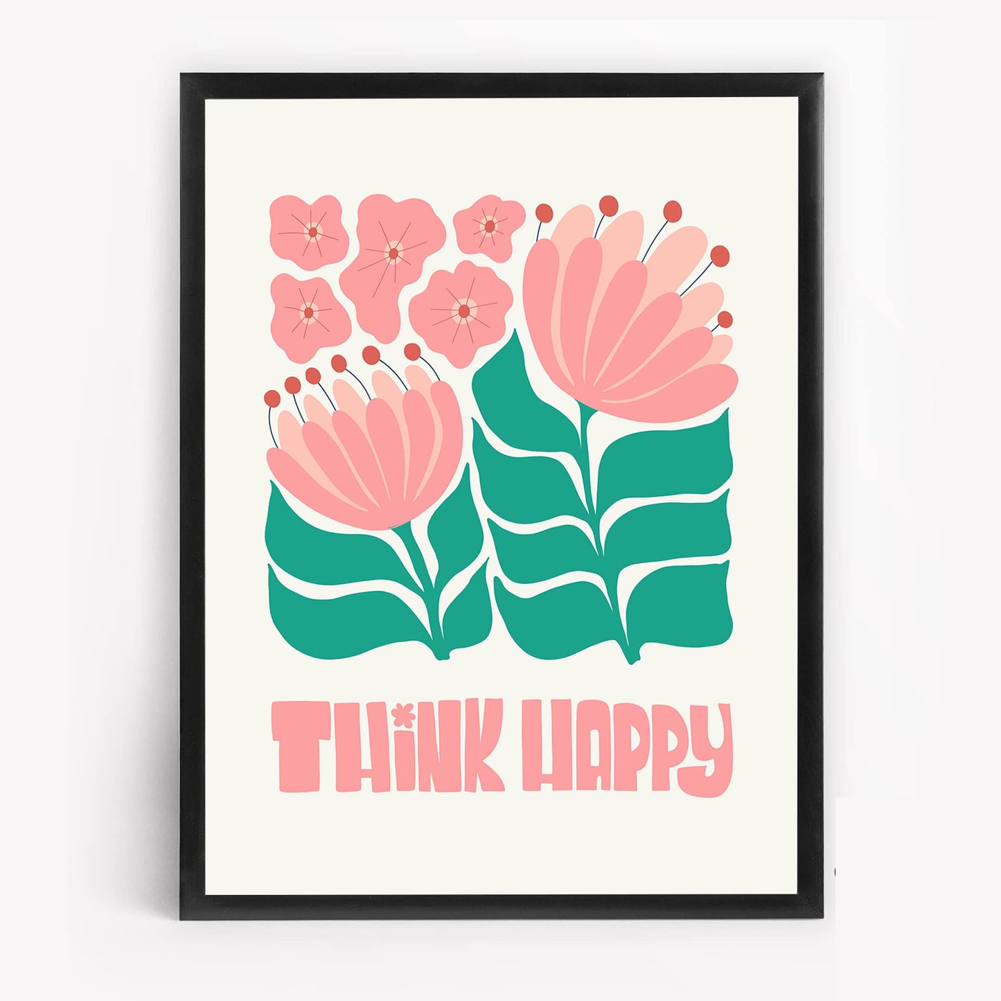 Think Happy Floral Wall Art, Aesthetic Flower Painting for Office, Bedroom or Hallway