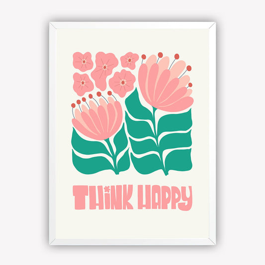 Think Happy Floral Wall Art, Aesthetic Flower Painting for Office, Bedroom or Hallway
