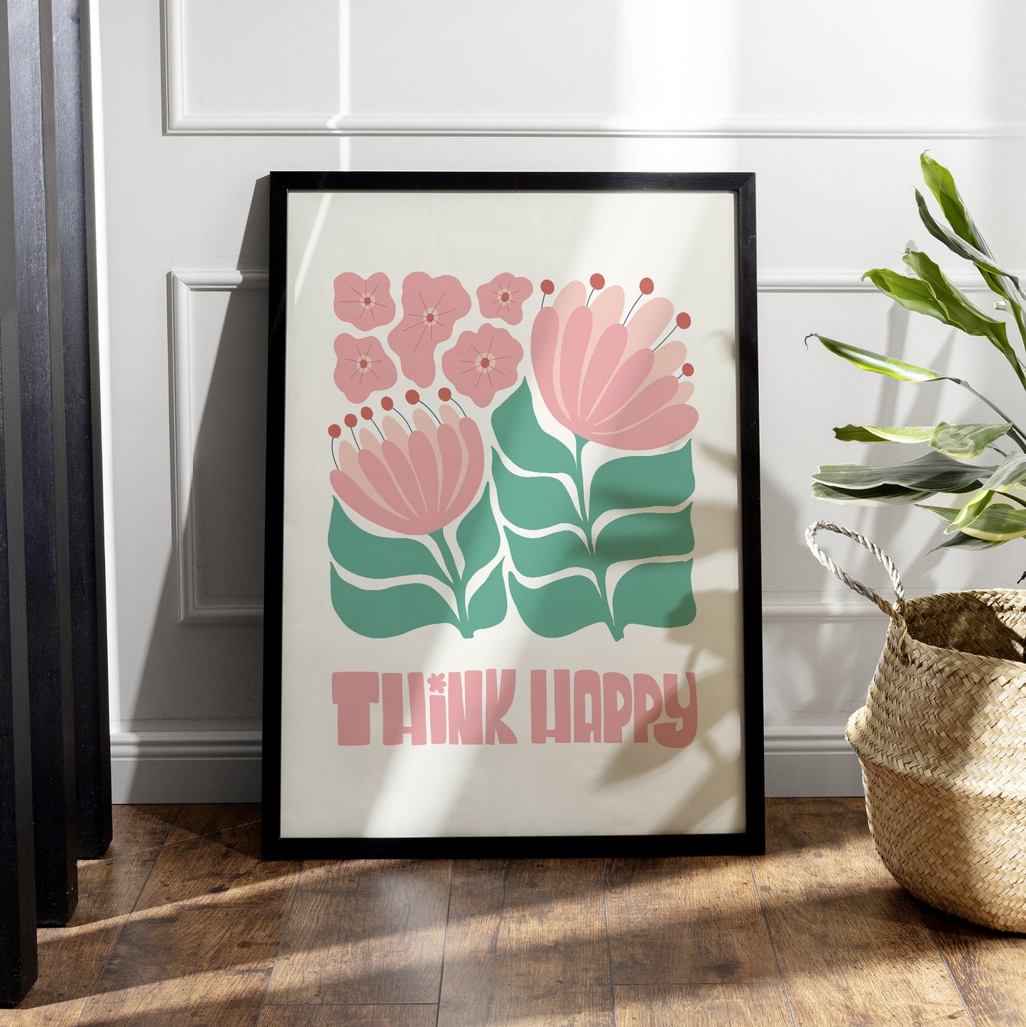 Think Happy Floral Wall Art, Aesthetic Flower Painting for Office, Bedroom or Hallway