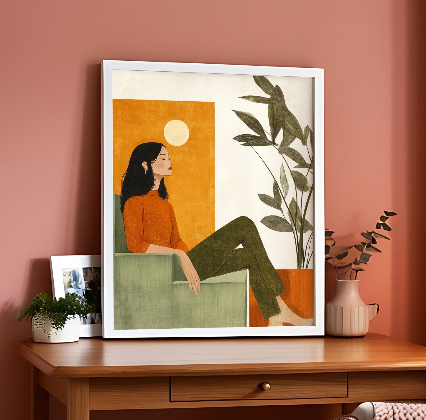 Midcentury Featuring Relaxed Woman Wall Frame