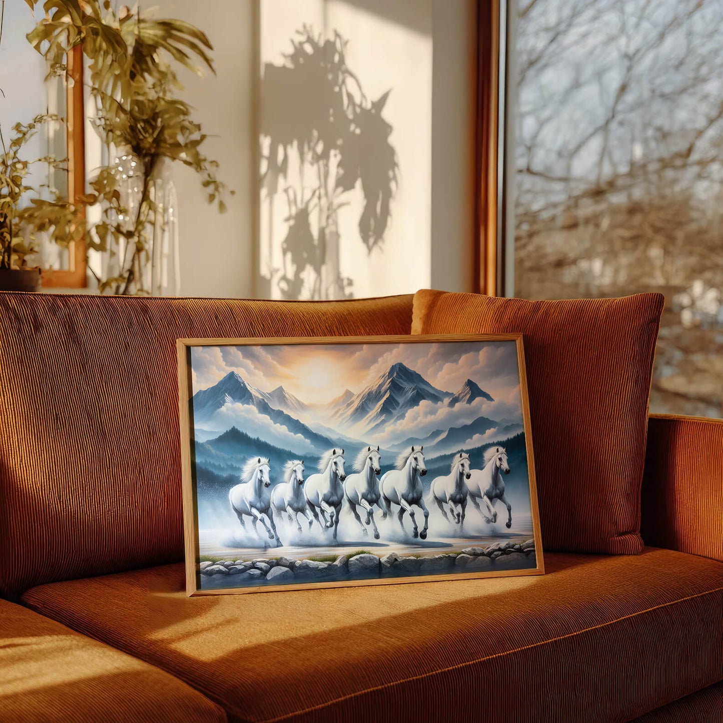 7 White Running Horses Vastu Painting | Positive Energy Wall Art for Home & Office