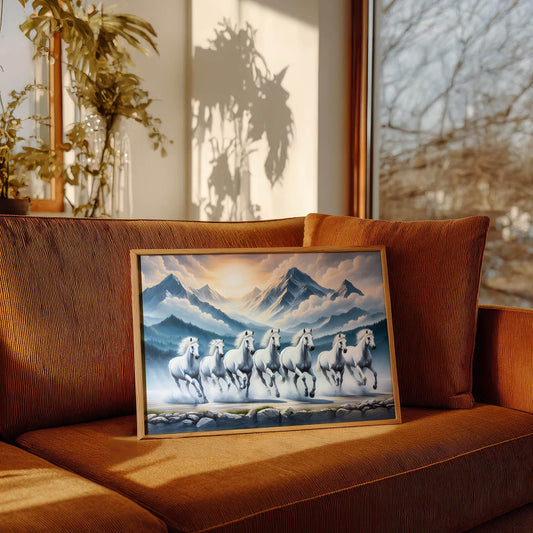 7 White Running Horses Vastu Painting | Positive Energy Wall Art for Home & Office