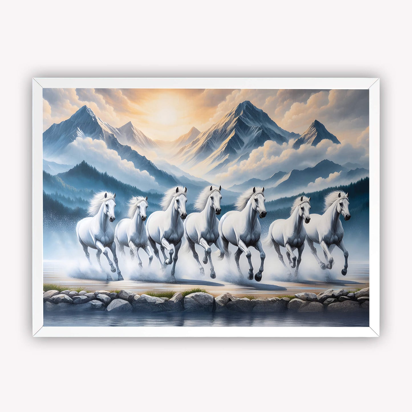 7 White Running Horses Vastu Painting | Positive Energy Wall Art for Home & Office