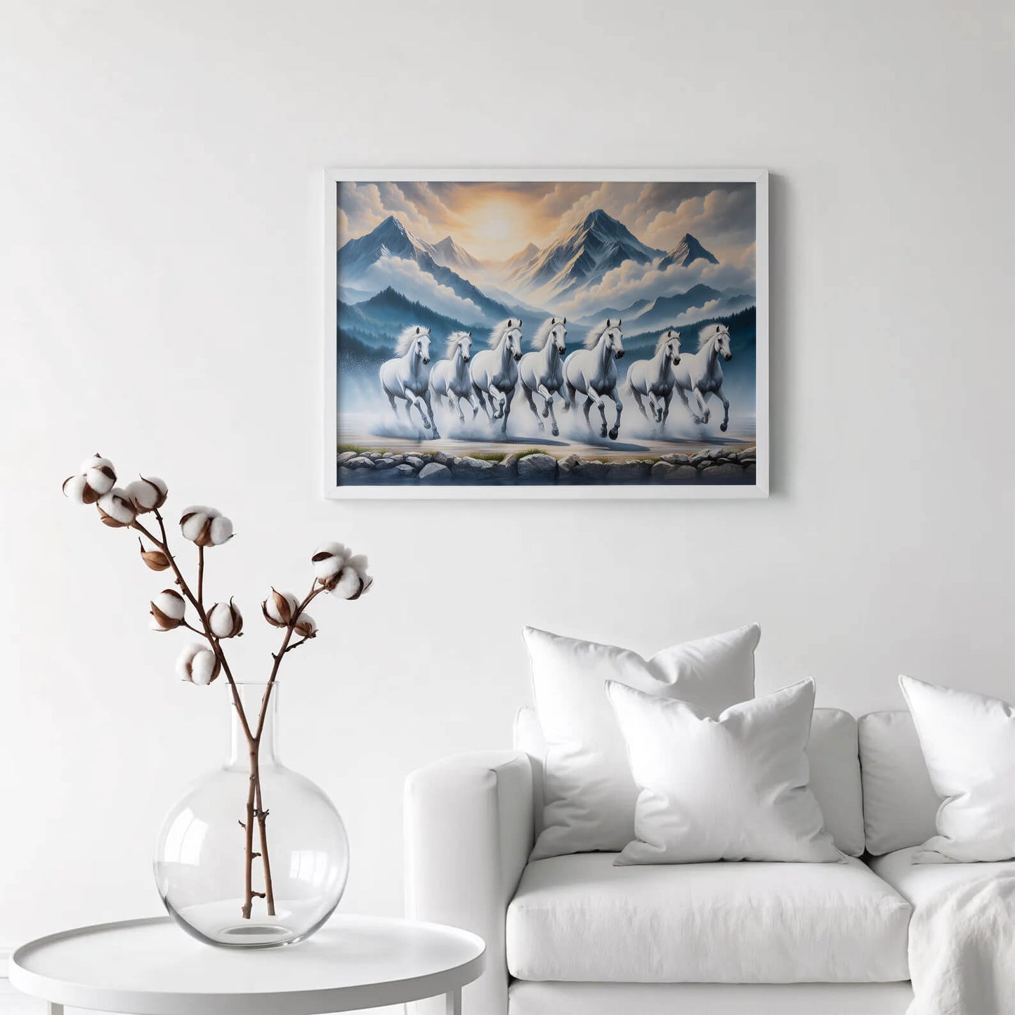 7 White Running Horses Vastu Painting | Positive Energy Wall Art for Home & Office