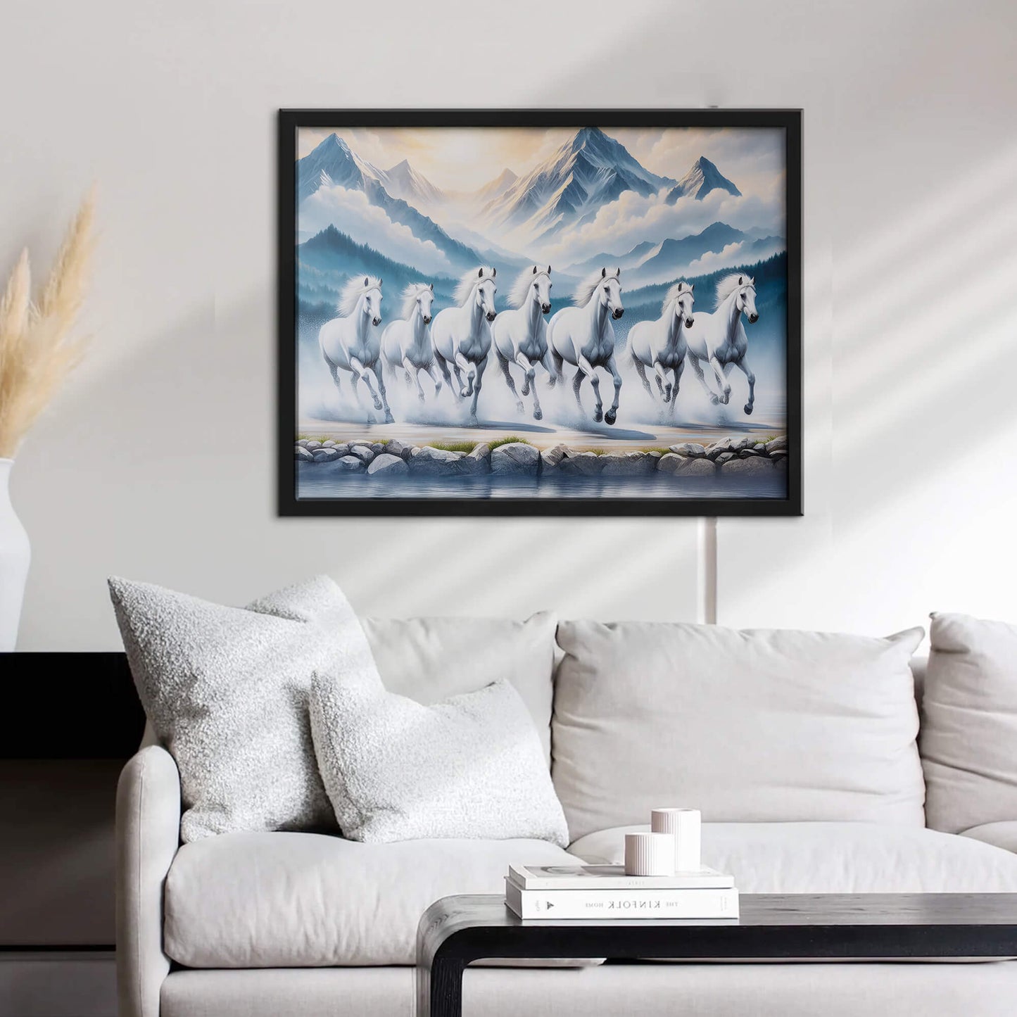 7 White Running Horses Vastu Painting | Positive Energy Wall Art for Home & Office