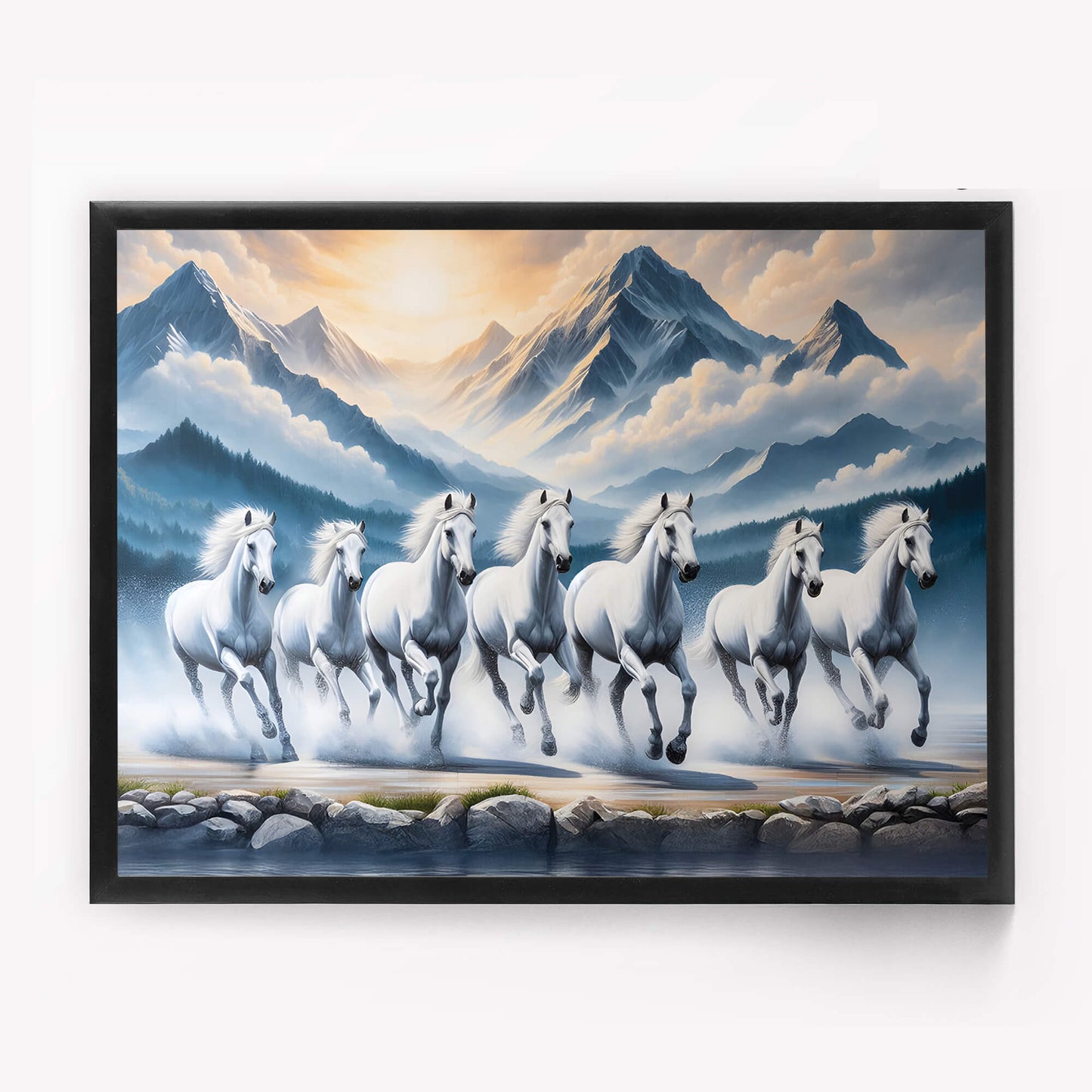 7 White Running Horses Vastu Painting | Positive Energy Wall Art for Home & Office