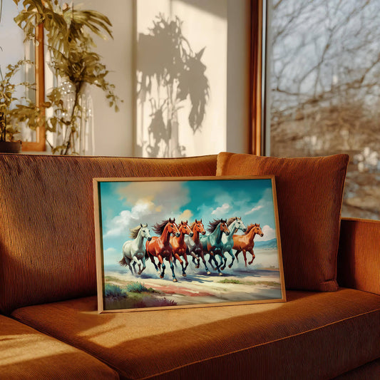 7 Running Horses Vastu Painting | Symbol of Success Art for Home & Office Decor