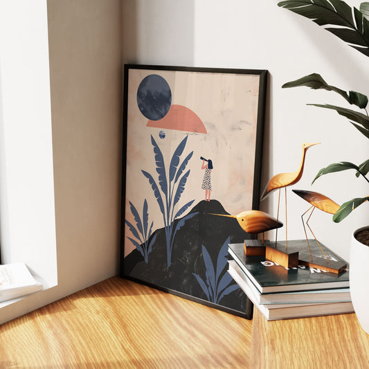 Woman Standing Hill Looking Sun Wall Art