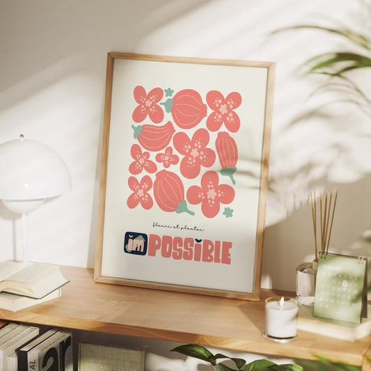 I'm Possible Motivational Floral Wall Art Pink Flower Poster with Uplifting Quote Painting for Office, Bedroom, or Study