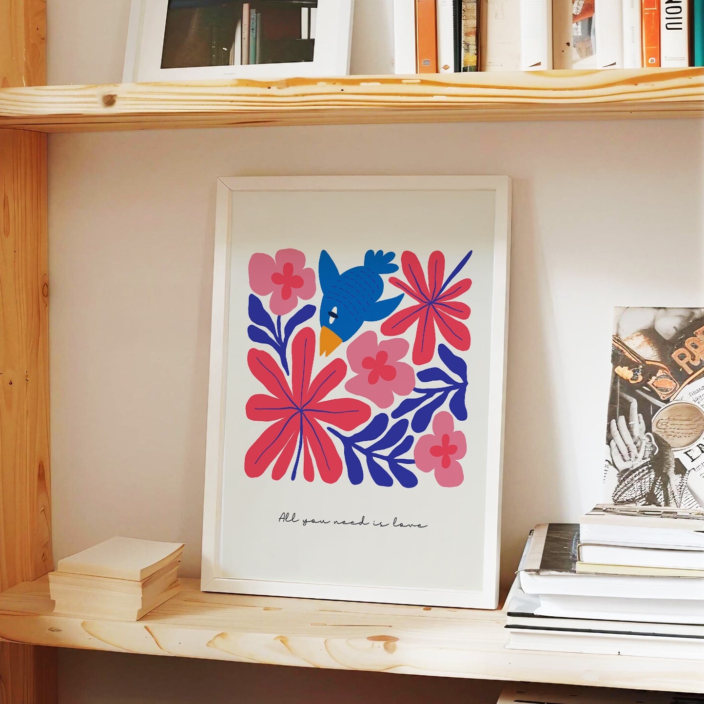 Love Bird & Flower Wall Art | All You Need is Love | Quote Painting for Living Room, Office or Gift