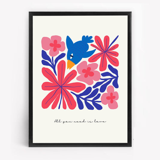 Love Bird & Flower Wall Art | All You Need is Love | Quote Painting for Living Room, Office or Gift