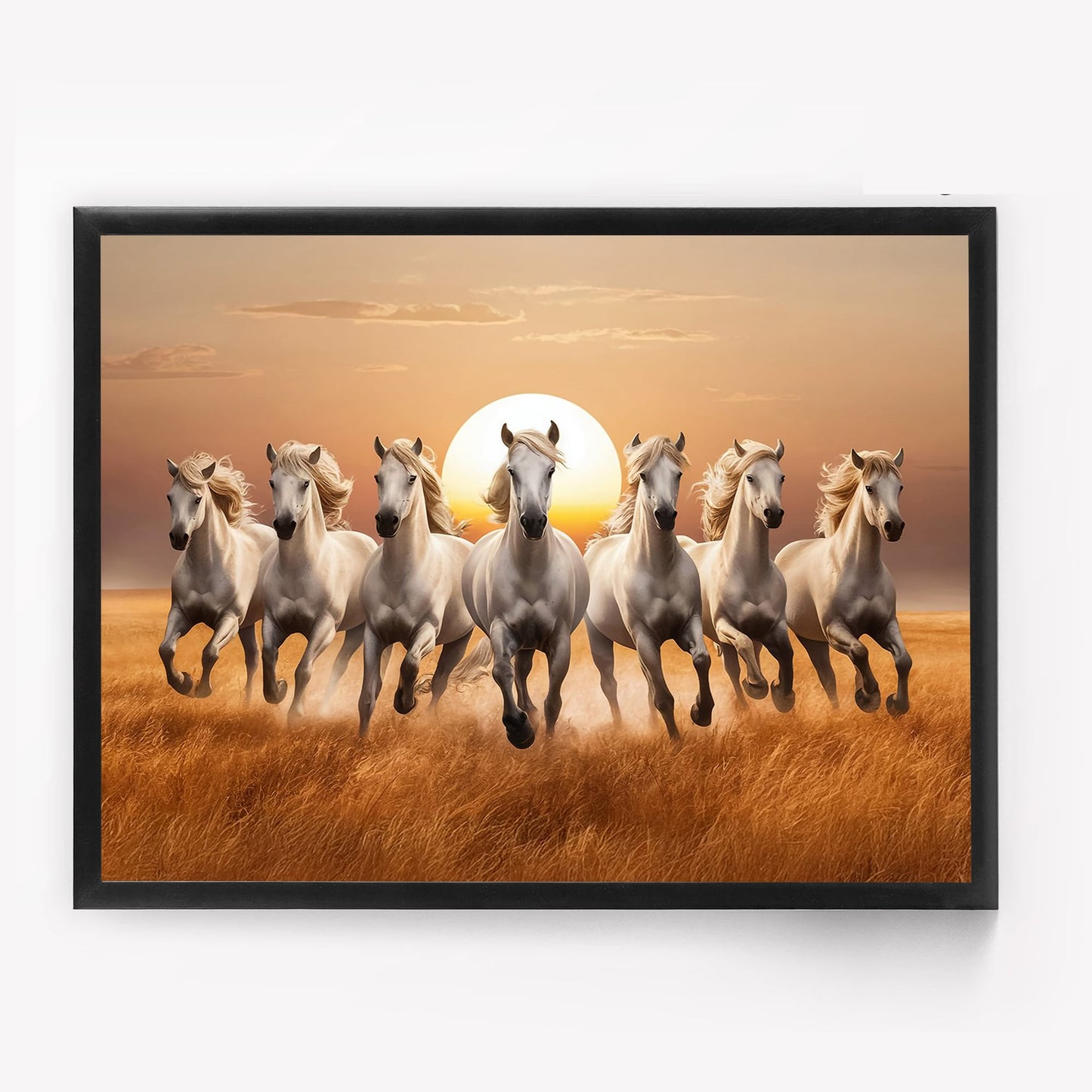7 White Horses Vastu Wall Art | Running Horses Painting with Rising Sun for Home & Office Decor