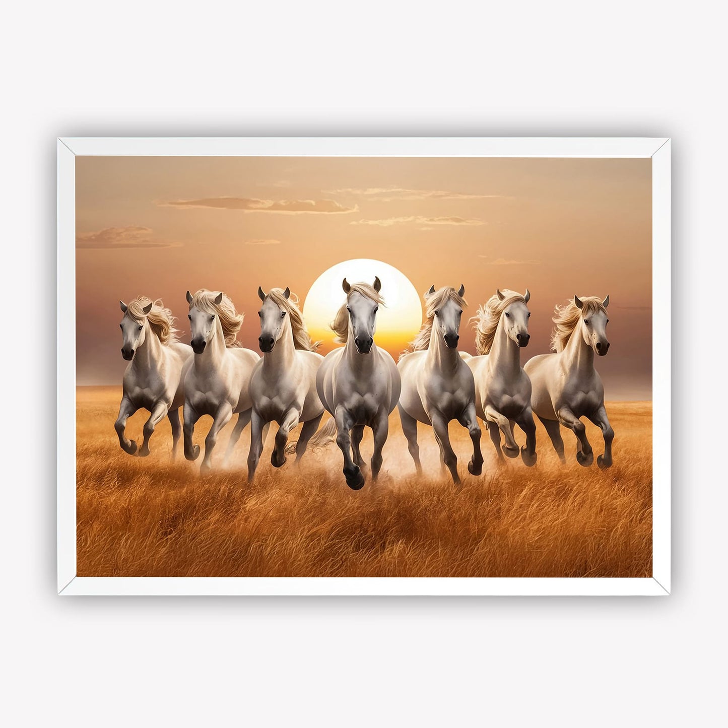 7 White Horses Vastu Wall Art | Running Horses Painting with Rising Sun for Home & Office Decor