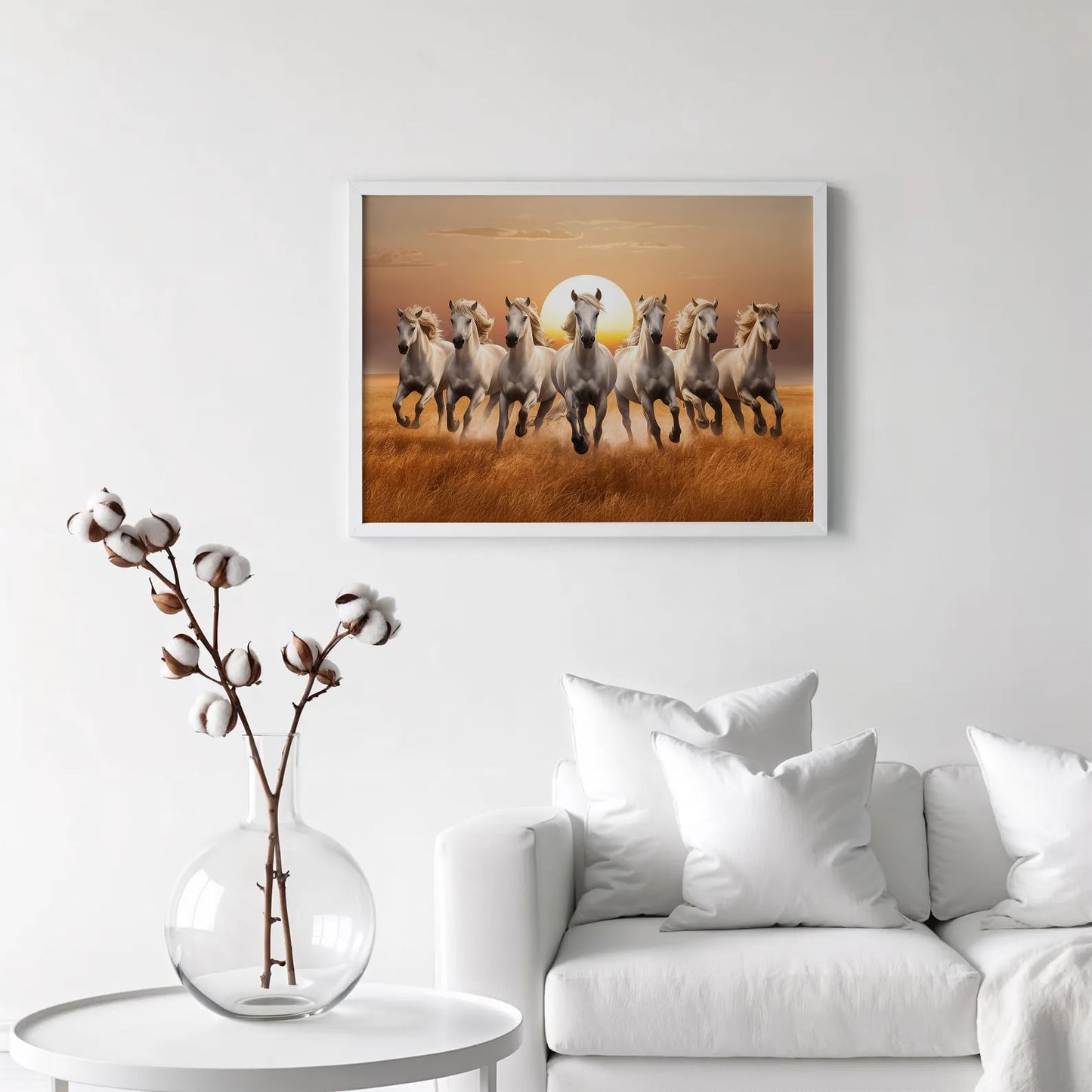 7 White Horses Vastu Wall Art | Running Horses Painting with Rising Sun for Home & Office Decor
