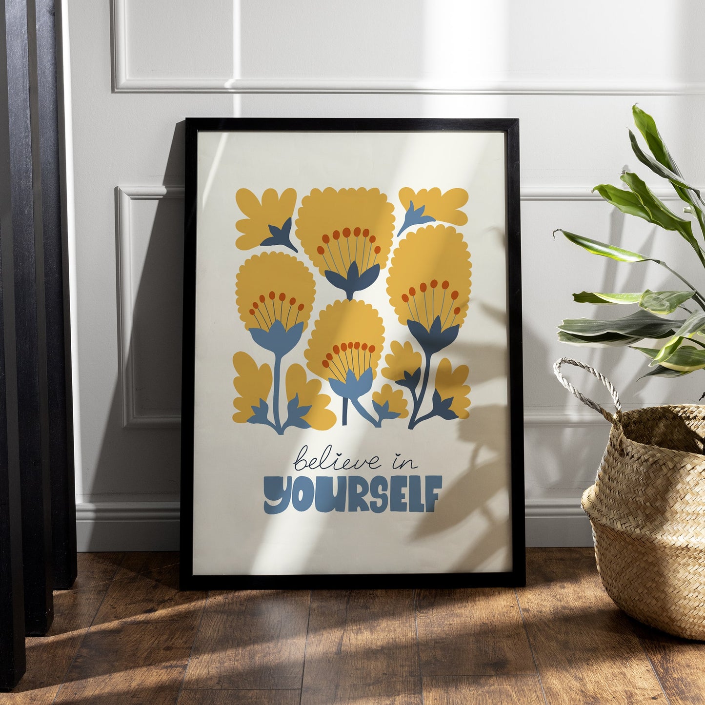Motivational Floral Wall Art | Believe in Yourself | Painting with Yellow Flowers or Bedroom, Living Room or Gallery