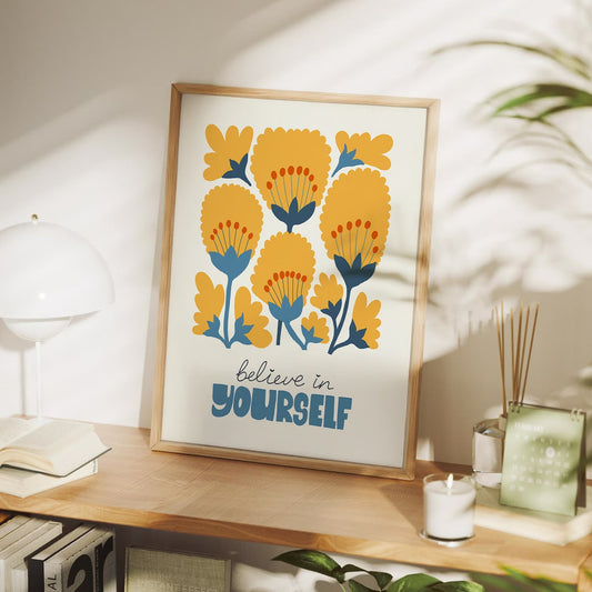 Motivational Floral Wall Art | Believe in Yourself | Painting with Yellow Flowers or Bedroom, Living Room or Gallery