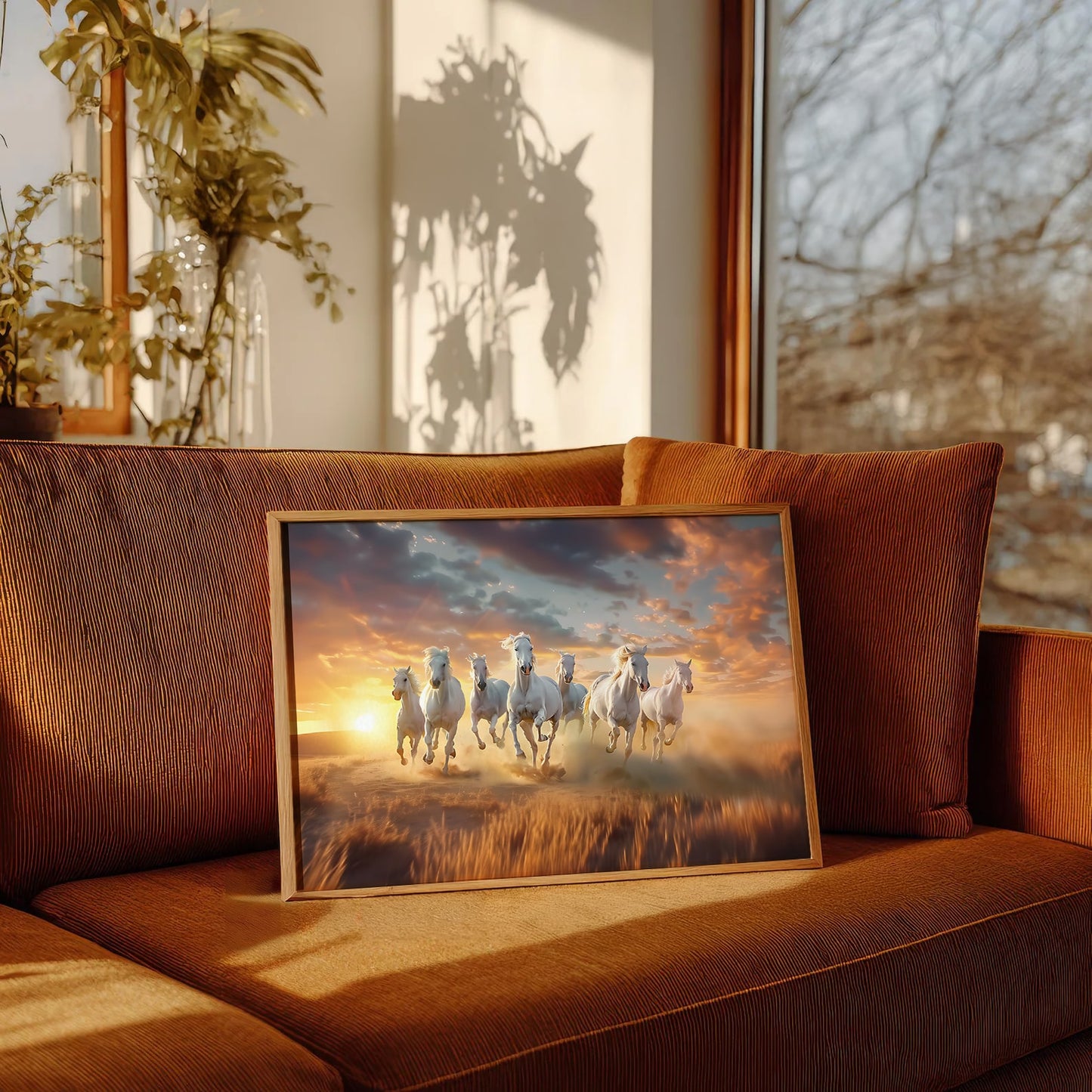 “7 Running Horses Vastu Wall Art | White Horse Painting with Sunrise for Home & Office Decor