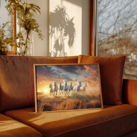 “7 Running Horses Vastu Wall Art | White Horse Painting with Sunrise for Home & Office Decor