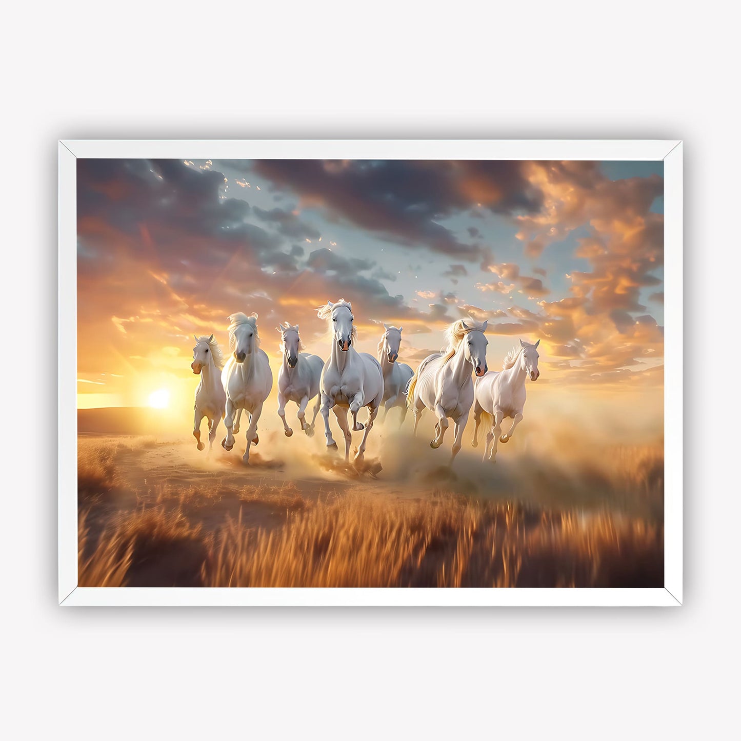 “7 Running Horses Vastu Wall Art | White Horse Painting with Sunrise for Home & Office Decor