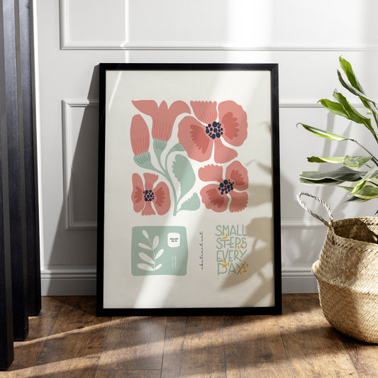 Positive Quote Floral Wall Art | Small Steps Every Day | Modern Flower for Bedroom, Living Room or Gallery