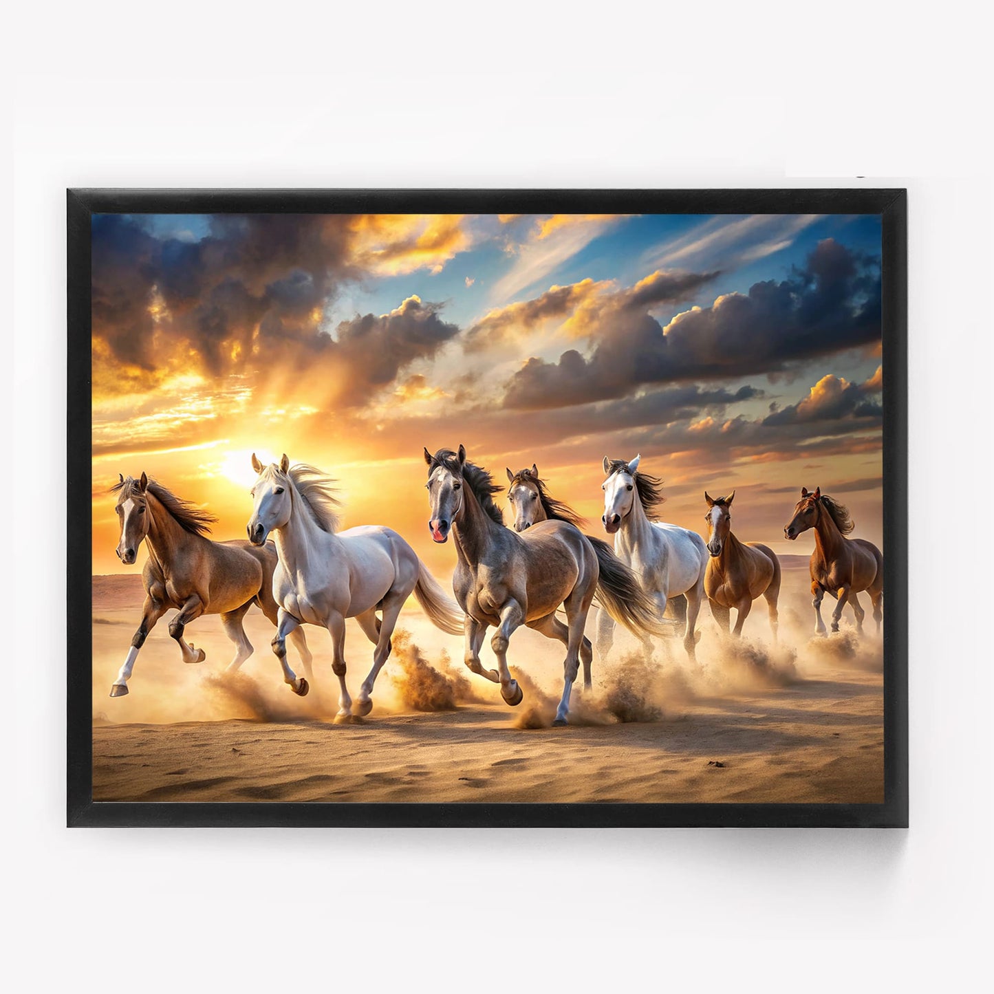 7 Running Horses Vastu Wall Art Frame | Lucky Horse Painting with Sunrise for Home & Office Decor