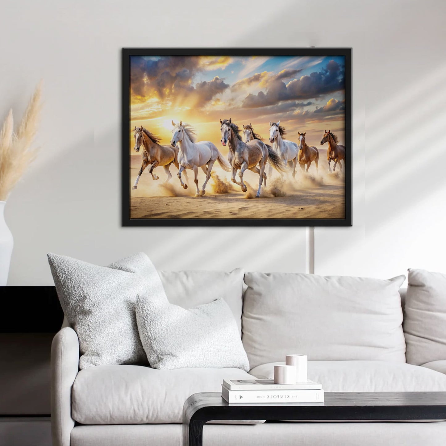 7 Running Horses Vastu Wall Art Frame | Lucky Horse Painting with Sunrise for Home & Office Decor