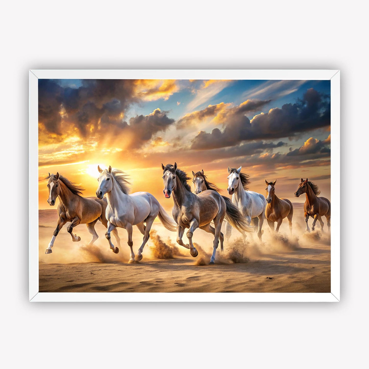 7 Running Horses Vastu Wall Art Frame | Lucky Horse Painting with Sunrise for Home & Office Decor